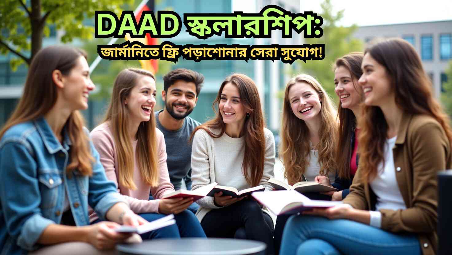 "DAAD স্কলারশিপ জার্মানি - আধুনিক জার্মান বিশ্ববিদ্যালয় ক্যাম্পাসে একসাথে পড়াশোনা করছে আন্তর্জাতিক শিক্ষার্থীরা"