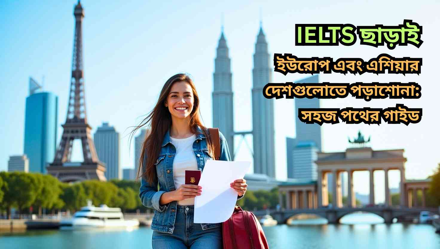 বিদেশে পড়ার সুযোগের জন্য উচ্ছ্বসিত শিক্ষার্থী, হাতে পাসপোর্ট ও ভর্তি পত্র, পেছনে ইউরোপ ও এশিয়ার বিখ্যাত স্থাপনা, IELTS ছাড়াই উচ্চশিক্ষার সম্ভাবনা।