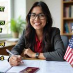 একজন শিক্ষার্থী স্টুডেন্ট ভিসার জন্য দরকারি ডকুমেন্টস হাতে নিয়ে প্রস্তুতি নিচ্ছে, টেবিলে পাসপোর্ট, I-20 ফর্ম, ব্যাংক স্টেটমেন্ট এবং ফি রিসিপ্ট রাখা আছে।