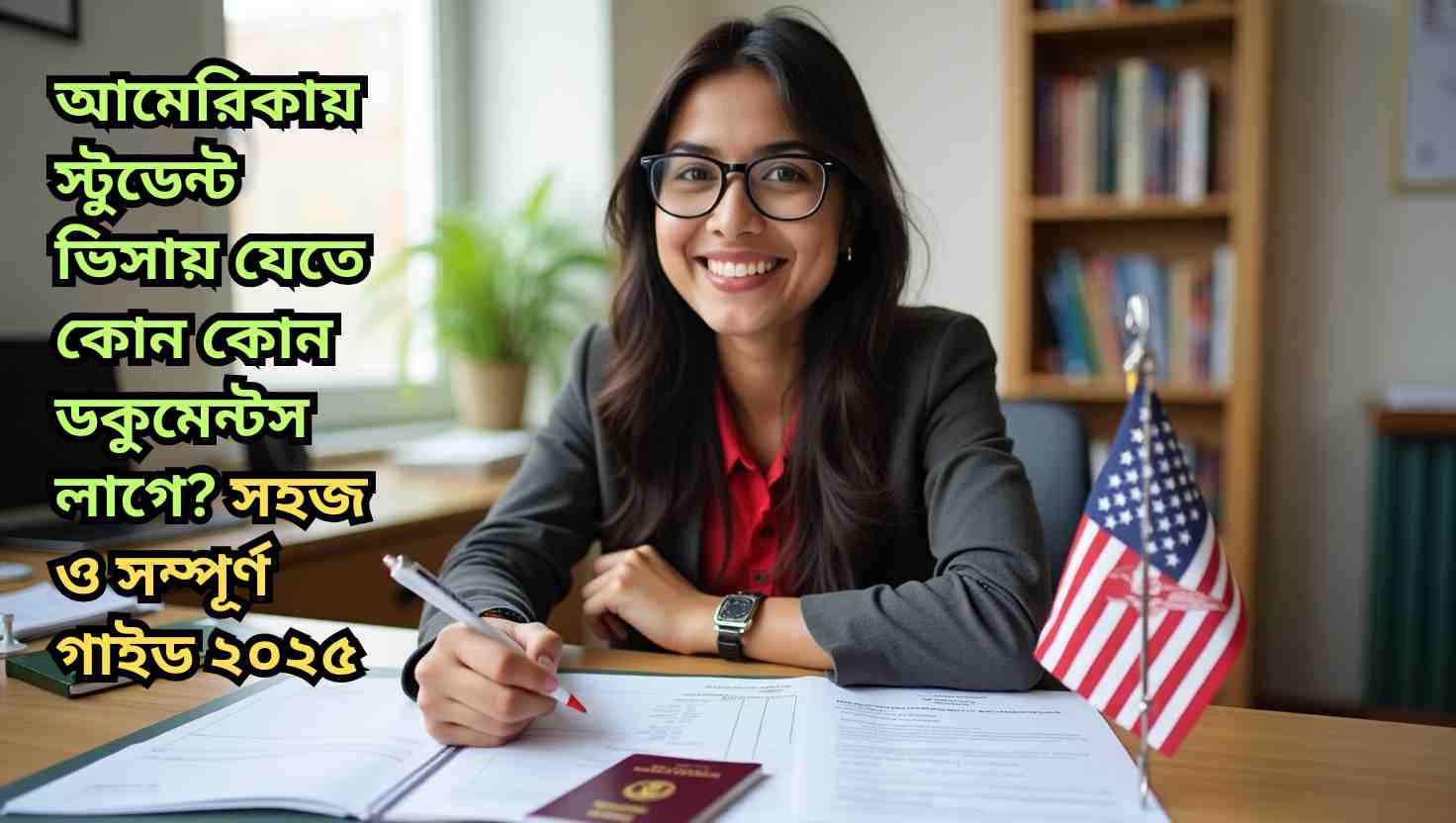 একজন শিক্ষার্থী স্টুডেন্ট ভিসার জন্য দরকারি ডকুমেন্টস হাতে নিয়ে প্রস্তুতি নিচ্ছে, টেবিলে পাসপোর্ট, I-20 ফর্ম, ব্যাংক স্টেটমেন্ট এবং ফি রিসিপ্ট রাখা আছে।