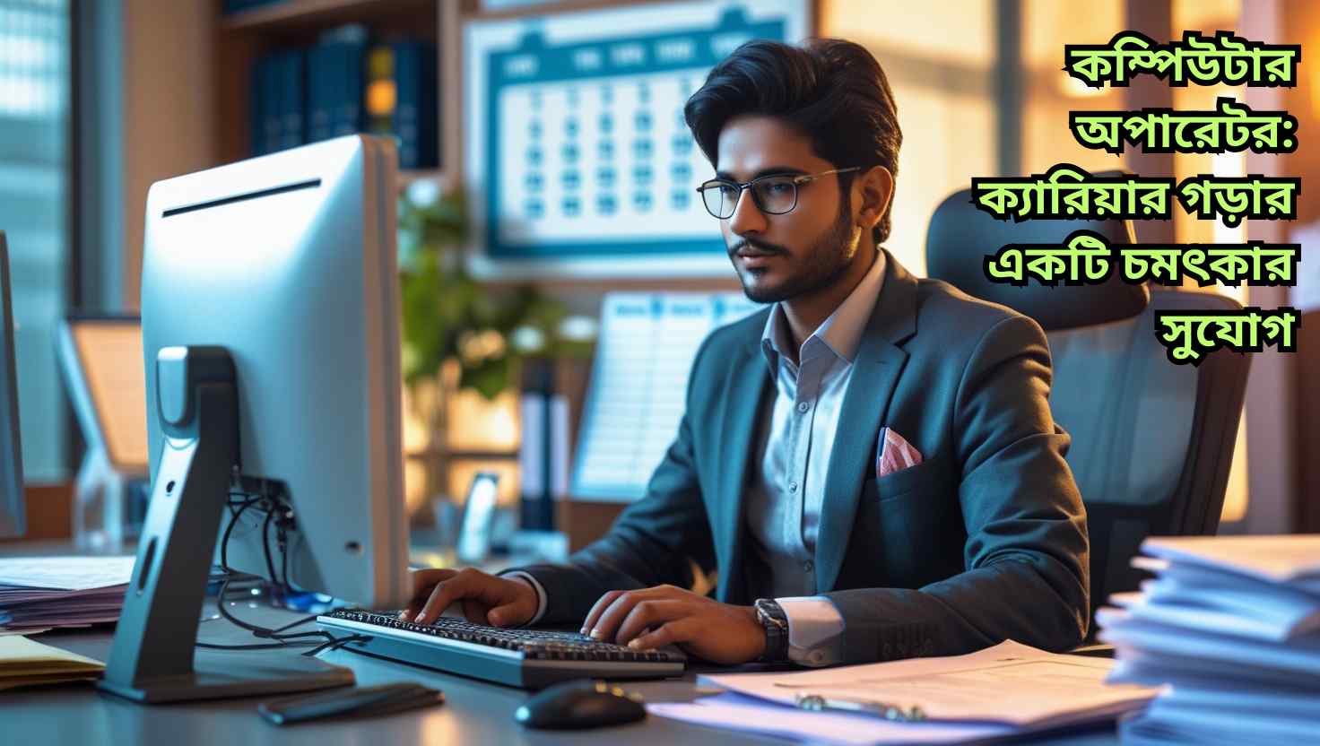 কম্পিউটার ব্যবহার করে ডেটা এন্ট্রি ও রিপোর্ট তৈরিতে ব্যস্ত তরুণ কম্পিউটার অপারেটর—ক্যারিয়ার গড়ার এক চমৎকার সুযোগ প্রতিফলিত