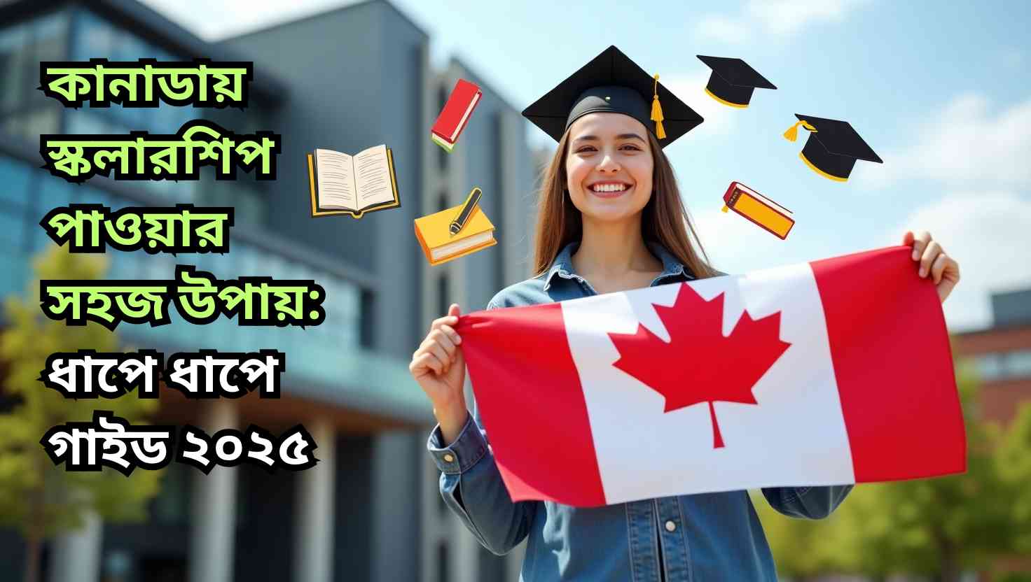 একজন শিক্ষার্থী কানাডার পতাকা হাতে ধরে একটি বিশ্ববিদ্যালয়ের ক্যাম্পাসে দাঁড়িয়ে আছে, যার পেছনে স্কলারশিপ ও পড়াশোনা বোঝানো আইকন রয়েছে।