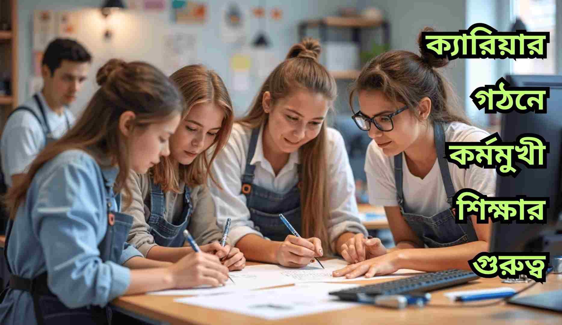 "ক্যারিয়ার গঠনে কর্মমুখী শিক্ষার গুরুত্ব—হাতে-কলমে প্রশিক্ষণ, কম্পিউটার দক্ষতা, দর্জির কাজ, হোটেল ব্যবস্থাপনা ও বাস্তবভিত্তিক শিক্ষার চিত্র।"