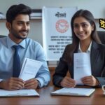 একজন চাকরিপ্রার্থী ইন্টারভিউ বোর্ডে আত্মবিশ্বাসের সাথে কথা বলছে, টেবিলে সিভি রাখা, পাশে ল্যাপটপ ও নোটপ্যাড—চাকরির ইন্টারভিউ ও প্রস্তুতির সহজ পরামর্শ নিয়ে দৃশ্য।