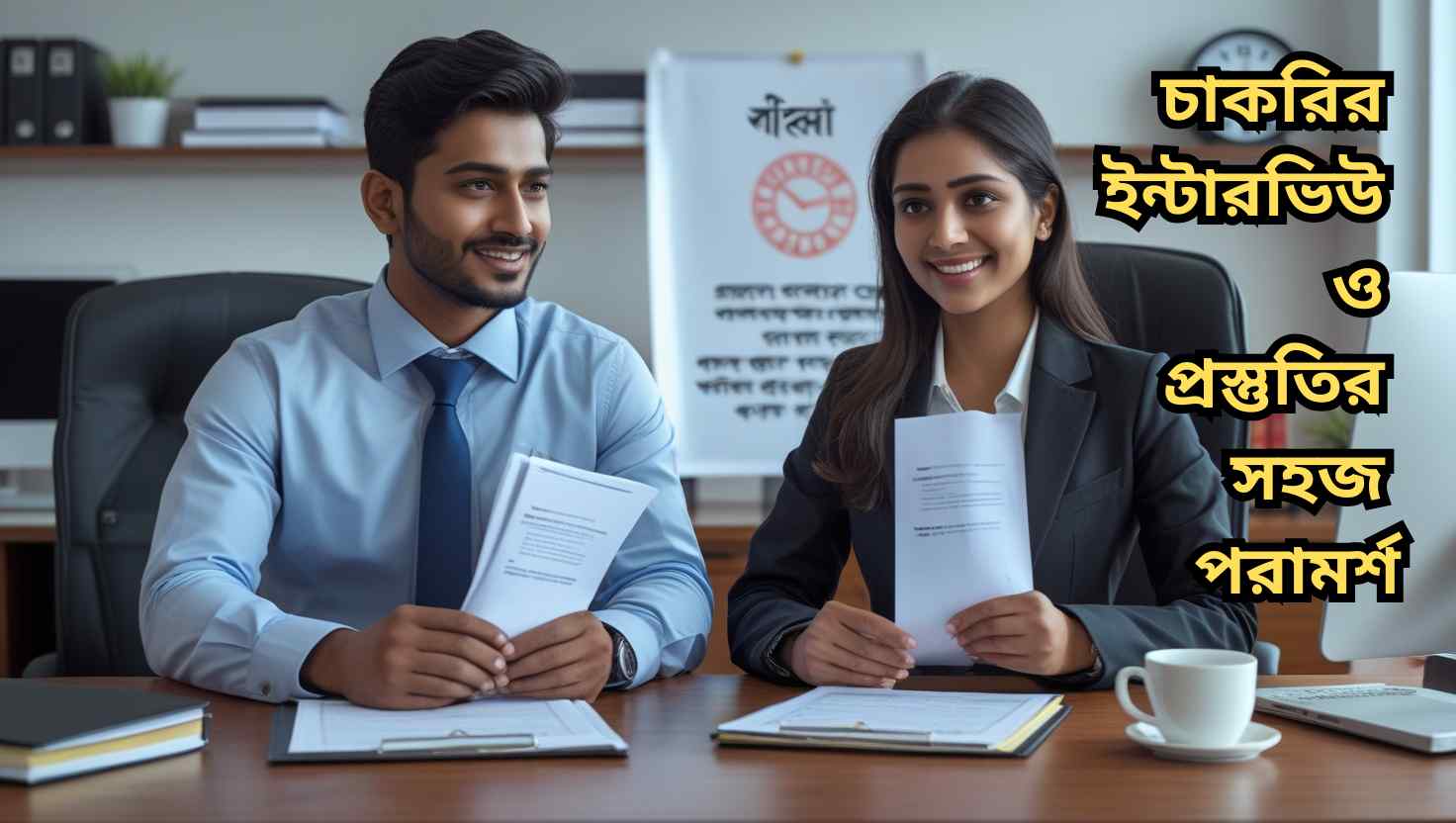 একজন চাকরিপ্রার্থী ইন্টারভিউ বোর্ডে আত্মবিশ্বাসের সাথে কথা বলছে, টেবিলে সিভি রাখা, পাশে ল্যাপটপ ও নোটপ্যাড—চাকরির ইন্টারভিউ ও প্রস্তুতির সহজ পরামর্শ নিয়ে দৃশ্য।