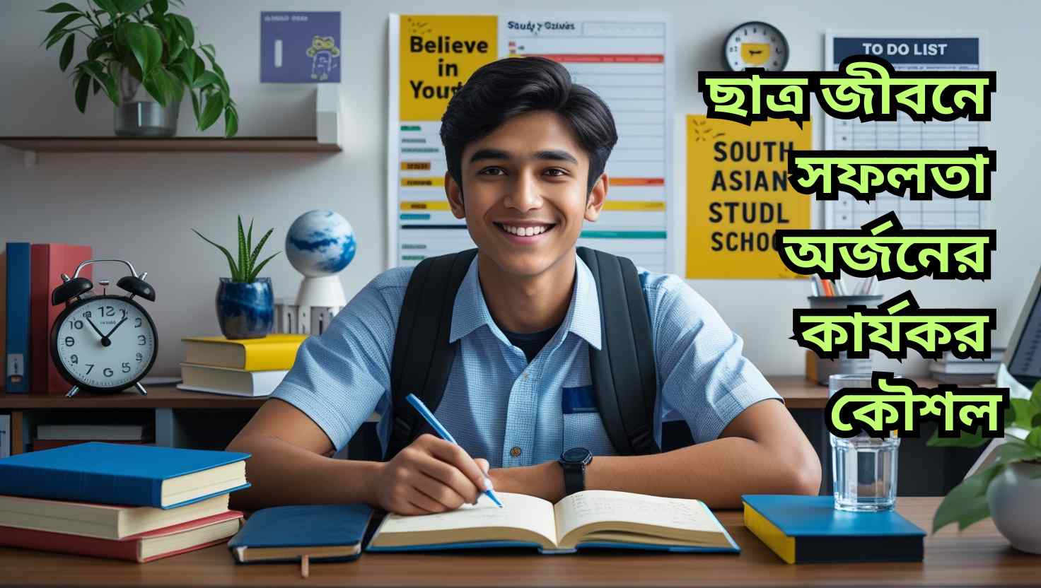 একজন শিক্ষার্থী সুশৃঙ্খল ডেস্কে বই, নোট, ঘড়ি ও টু–ডু লিস্ট নিয়ে মনোযোগীভাবে পড়ছে—শৃঙ্খলা, লক্ষ্য ও সময় ব্যবস্থাপনার মাধ্যমে ছাত্র জীবনে সফলতা অর্জনের কার্যকর কৌশলকে প্রতিনিধিত্ব করছে।