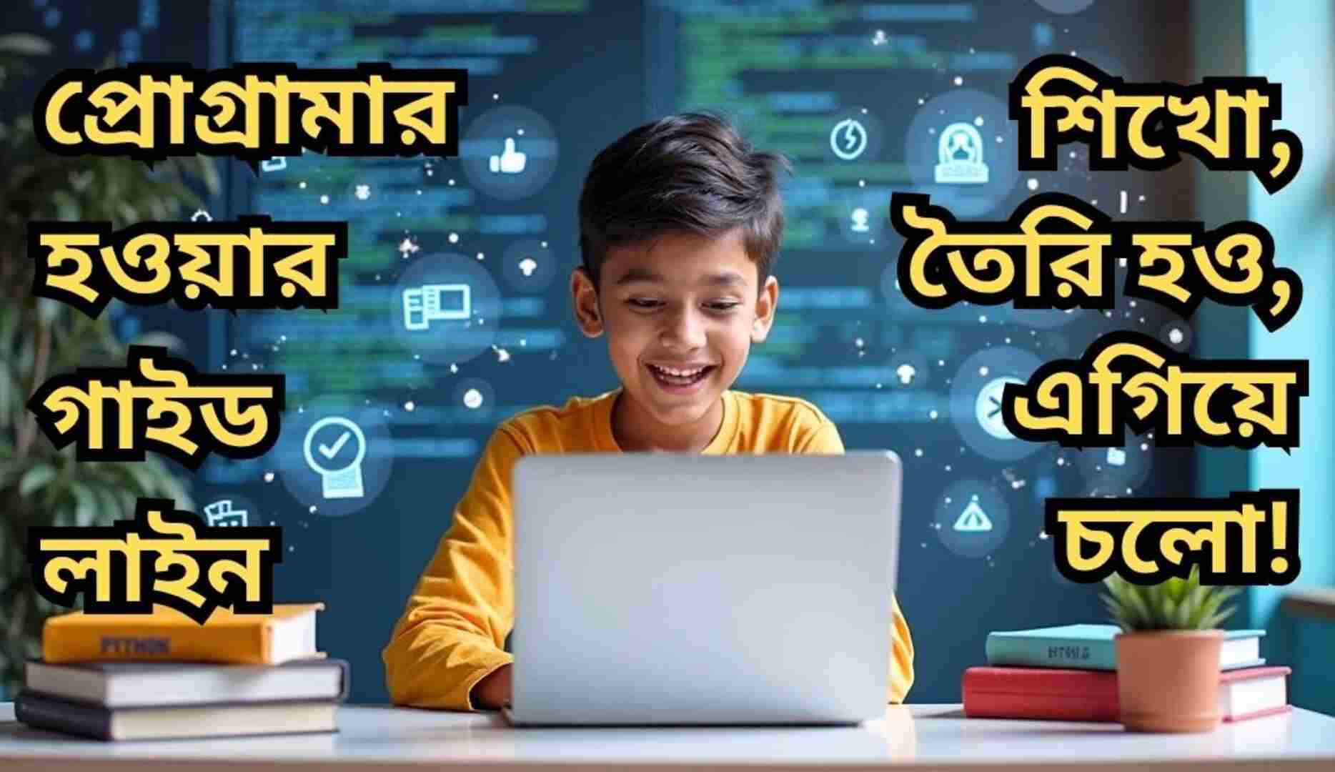 "একজন তরুণ ল্যাপটপে কোড লিখছে, চারপাশে প্রোগ্রামিং ভাষার আইকন ও ডিজিটাল উপাদান—প্রোগ্রামার হওয়ার গাইডলাইন বিষয়ক দৃশ্য"