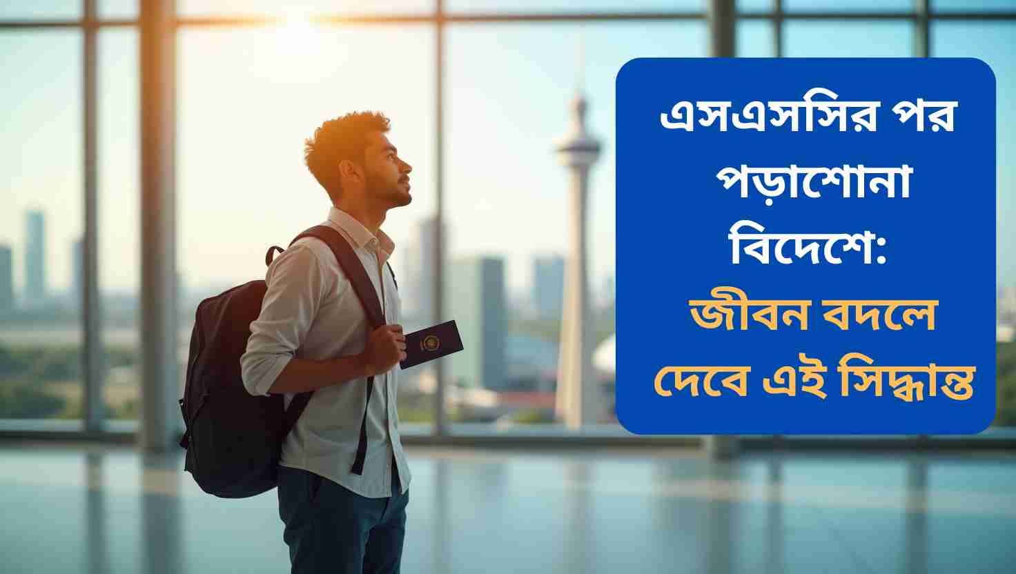 এসএসসি পাশ করা এক বাংলাদেশি শিক্ষার্থী ব্যাকপ্যাক ও পাসপোর্ট হাতে বিমানবন্দরে দাঁড়িয়ে, বিদেশে পড়াশোনার স্বপ্নে উদ্দীপ্ত; পেছনে বিশ্ববিদ্যালয়ের প্রতীকী চিত্র—বিদেশে উচ্চশিক্ষার সুযোগ ও জীবন পরিবর্তনের সম্ভাবনা প্রকাশ করছে।