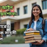 একজন আত্মবিশ্বাসী শিক্ষার্থী বিদেশি বিশ্ববিদ্যালয়ের সামনে আইন বই হাতে দাঁড়িয়ে, পাশে বিশ্ব মানচিত্র ও বিচার প্রতীক — যা গ্লোবাল ল শিক্ষার প্রতীক এবং সাহসী ক্যারিয়ারের সূচনা তুলে ধরে।