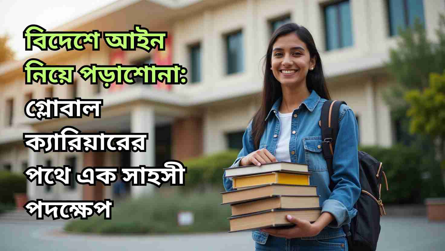 একজন আত্মবিশ্বাসী শিক্ষার্থী বিদেশি বিশ্ববিদ্যালয়ের সামনে আইন বই হাতে দাঁড়িয়ে, পাশে বিশ্ব মানচিত্র ও বিচার প্রতীক — যা গ্লোবাল ল শিক্ষার প্রতীক এবং সাহসী ক্যারিয়ারের সূচনা তুলে ধরে।
