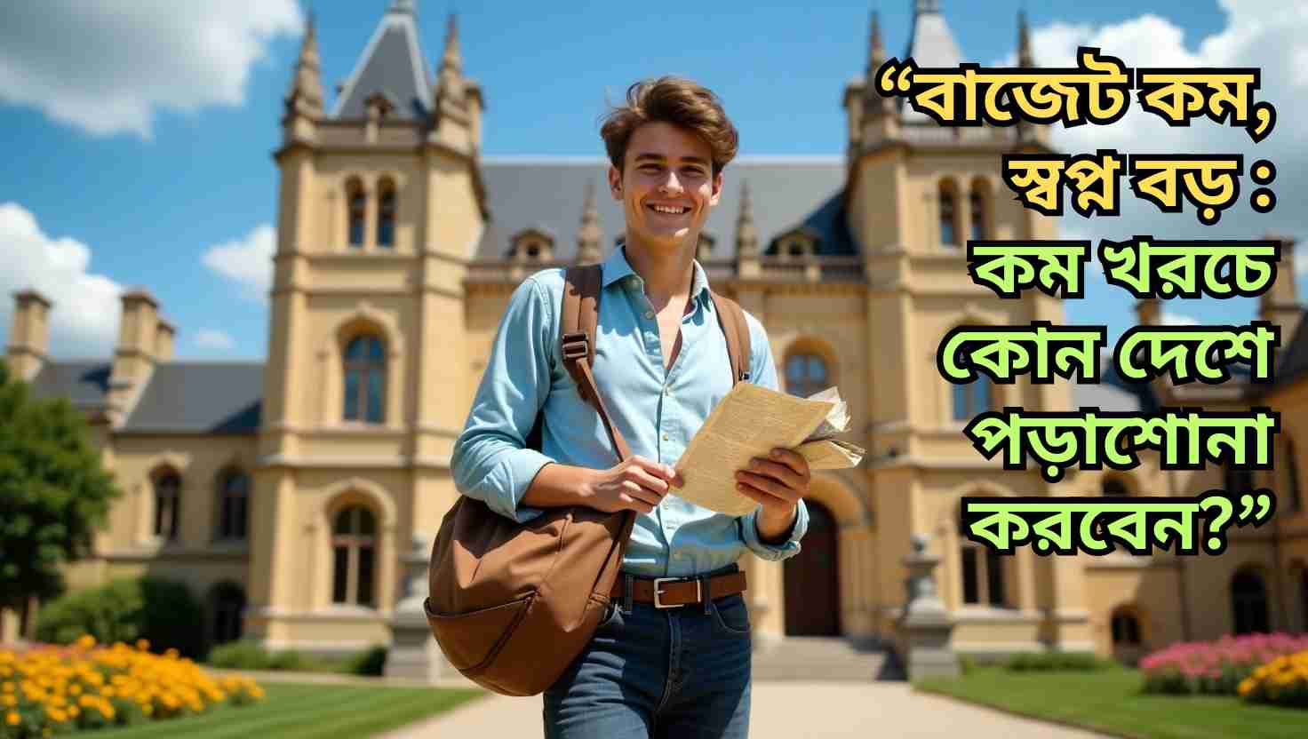 “বিনা খরচে বিদেশে পড়াশোনা: স্বপ্ন নয়, এবার বাস্তব করো!” লেখা একটি প্রেরণাদায়ক বাংলা পাঠ্য চিত্র।