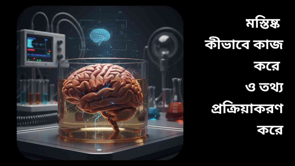 মানব মস্তিষ্কের বাস্তবসম্মত চিত্র, যেখানে স্নায়ুতন্ত্রের জটিল কাঠামো এবং বিজ্ঞানভিত্তিক পরিবেশ দেখানো হয়েছে।