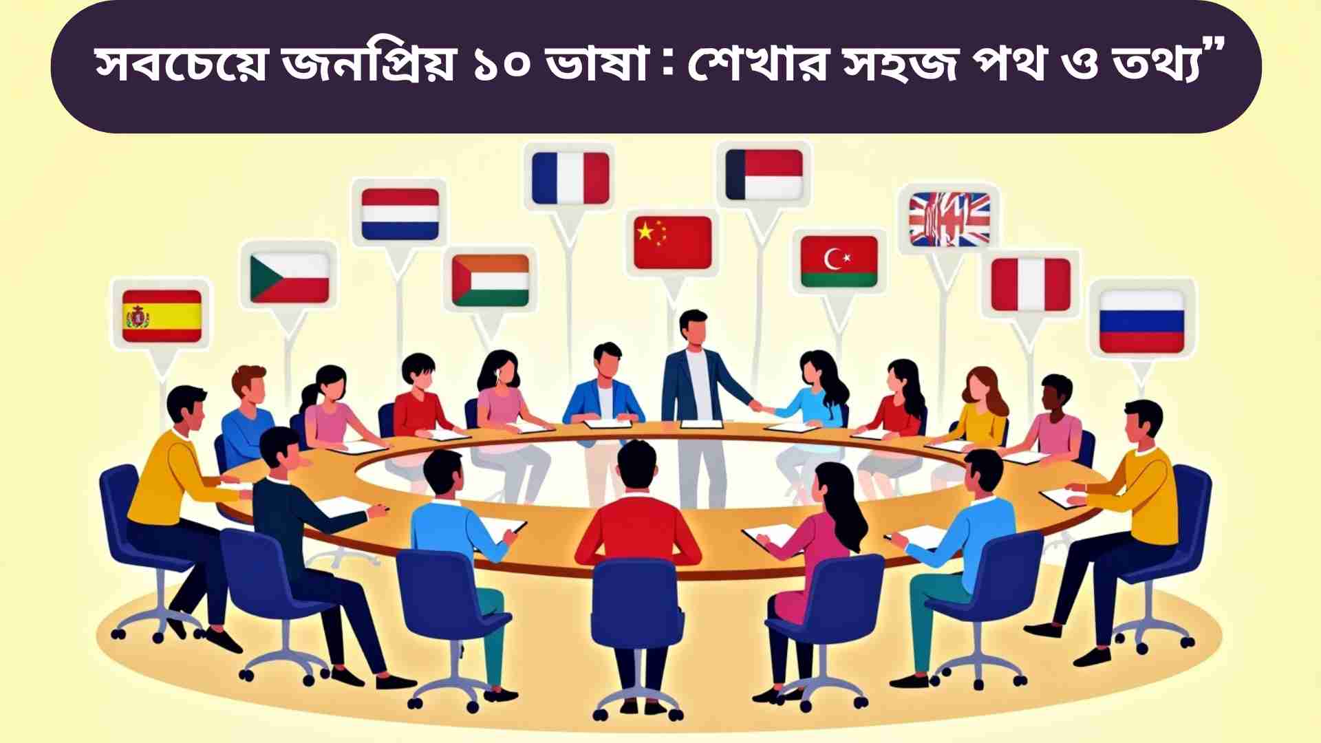 “বিশ্বের সবচেয়ে জনপ্রিয় ১০টি ভাষার একটি চিত্র, যেখানে প্রতিটি ভাষার নাম এবং শিক্ষার সহজ উপায় সম্পর্কে তথ্য সংবলিত।”