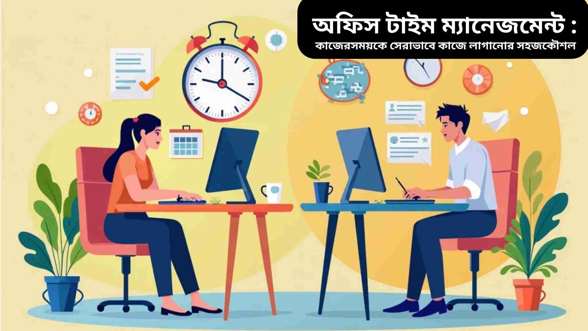 "অফিসে সময় ব্যবস্থাপনা করছেন একজন কর্মী, ডেস্কে কম্পিউটার, ক্যালেন্ডার এবং নোটবুক সহ, মনোযোগী ও কার্যকরী পরিবেশে।"