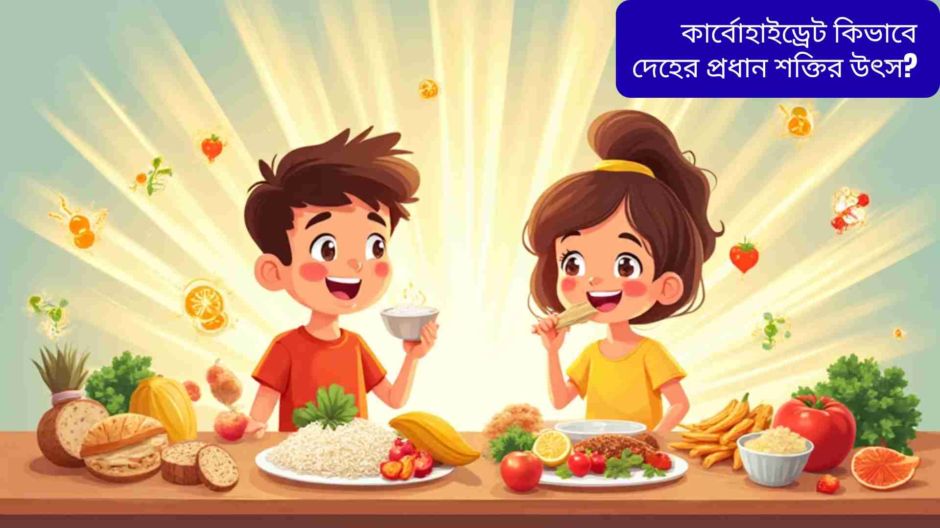 "Child eating healthy foods like rice, bread, fruits, and vegetables, glowing with energy to show how carbohydrates fuel the body and provide strength."