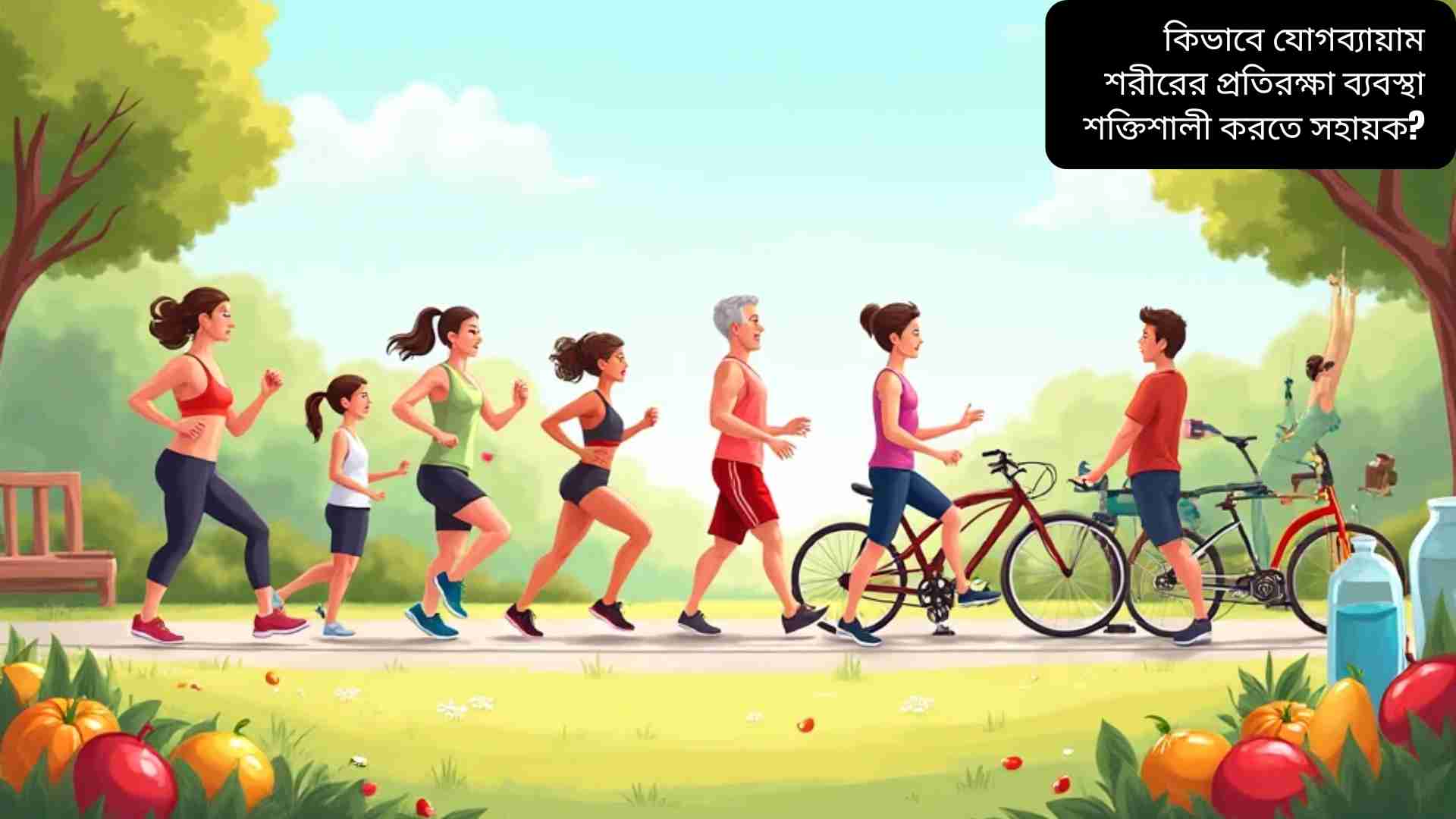 “লোগো বা মানুষের ছবি যারা পার্কে যোগব্যায়াম, দৌড়ানো, সাইক্লিং এবং ওজন উত্তোলন করছে, স্বাস্থ্যকর জীবনধারা এবং শরীরের প্রতিরক্ষা ব্যবস্থা শক্তিশালী করার প্রতীক।”