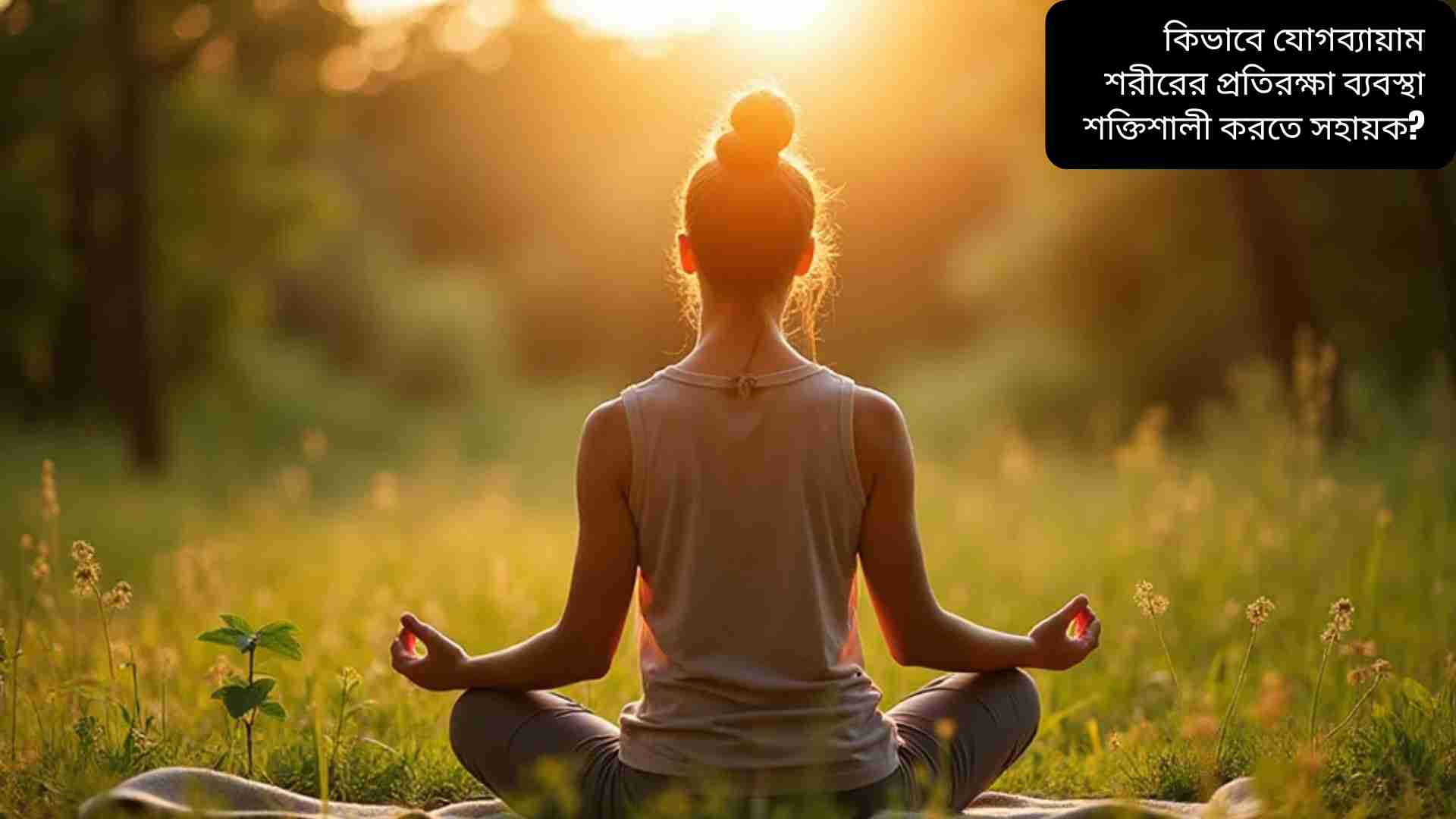 “সুন্দর প্রাকৃতিক পরিবেশে সূর্যোদয়ের সময় যোগব্যায়াম করছে একজন ব্যক্তি, ধ্যানমগ্ন অবস্থায়, শরীর ও মনের সুস্থতা এবং প্রতিরক্ষা ক্ষমতা বাড়ানোর প্রতীক।”