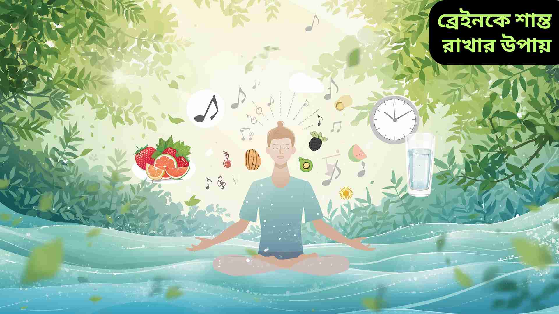 মস্তিষ্ক শান্ত রাখতে মেডিটেশন, পর্যাপ্ত ঘুম, সুষম খাদ্য, শারীরিক ব্যায়াম ও ডিজিটাল ডিটক্সের গুরুত্ব তুলে ধরা একটি চিত্র।