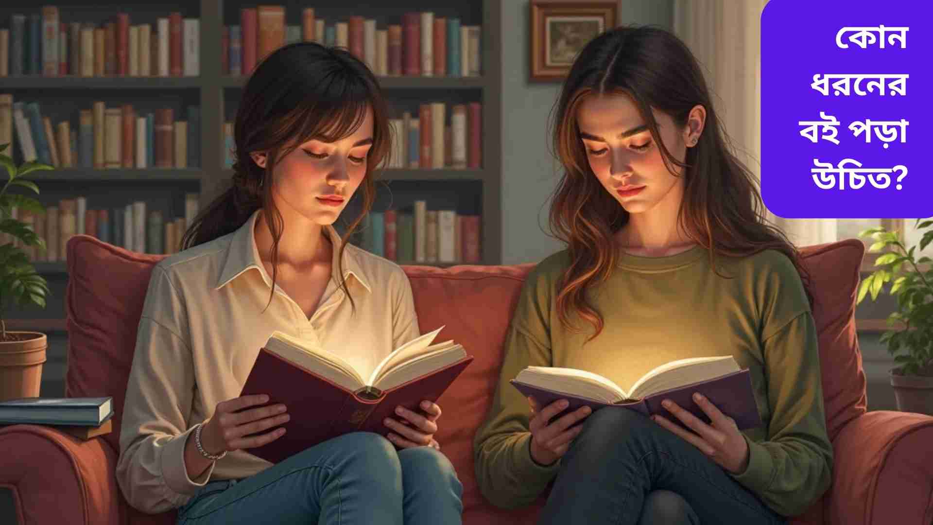 একটি সুন্দর বইয়ের সংগ্রহের ছবি যেখানে শিশু ও প্রাপ্তবয়স্করা বিভিন্ন ধরনের বই পড়ছে—শিক্ষামূলক, গল্প, তথ্যভিত্তিক, আত্মউন্নয়নমূলক এবং বিনোদনমূলক বই।