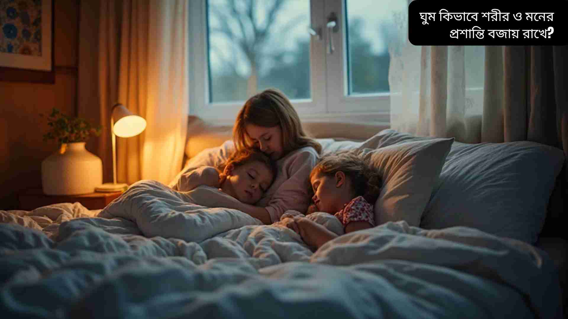 শান্ত ঘরে একটি পরিবার বা শিশুরা আরামদায়ক বিছানায় শান্তভাবে ঘুমাচ্ছে, স্বাস্থ্য এবং মানসিক প্রশান্তির প্রতীক।
