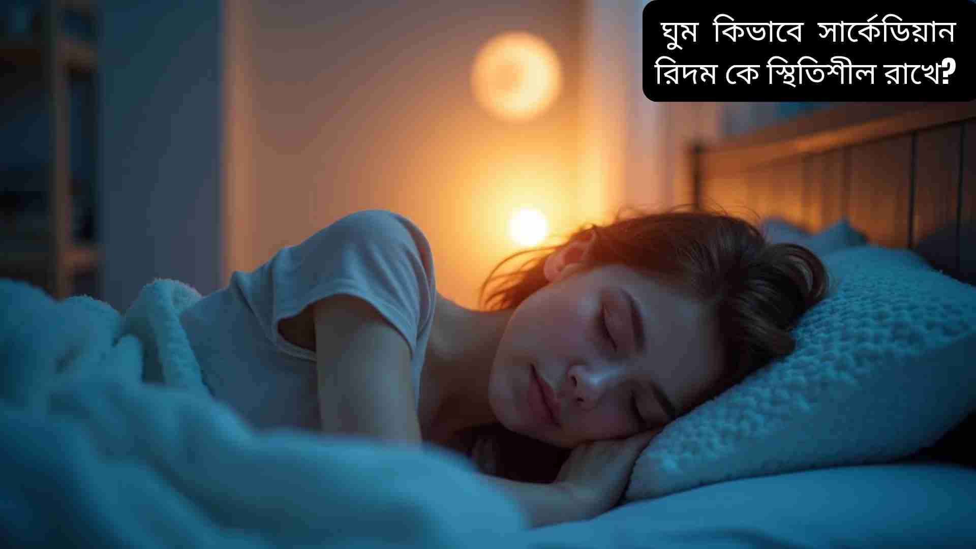 "A person sleeping peacefully with soft sunrise and sunset light, surrounded by glowing symbols of melatonin and cortisol, illustrating the natural circadian rhythm cycle."