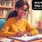 একজন ছাত্র তার ডেস্কে বসে পরিকল্পনা করছে, হাতে পেন ধরে দিনের কাজের তালিকা লিখছে, চারপাশে বই, ঘড়ি ও ক্যালেন্ডার রয়েছে, যাতে সময় ব্যবস্থাপনার গুরুত্ব ফুটে উঠছে।