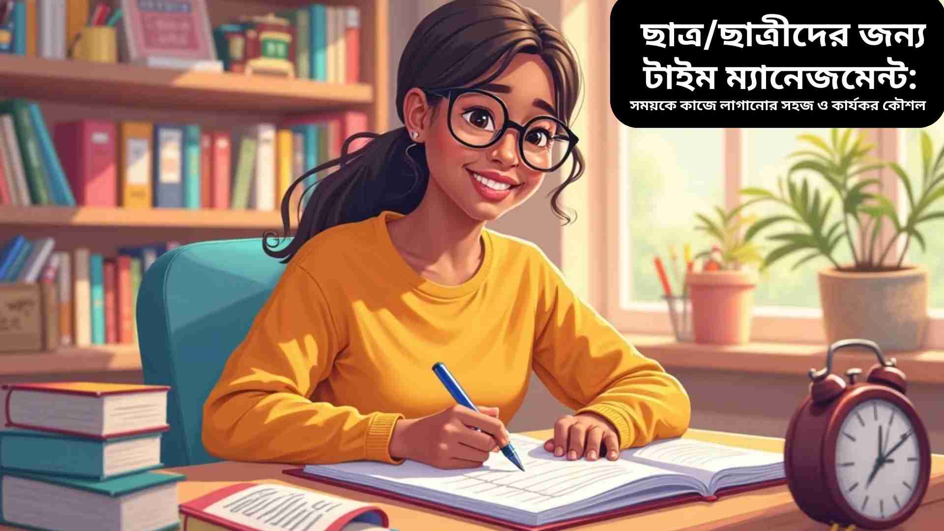 একজন ছাত্র তার ডেস্কে বসে পরিকল্পনা করছে, হাতে পেন ধরে দিনের কাজের তালিকা লিখছে, চারপাশে বই, ঘড়ি ও ক্যালেন্ডার রয়েছে, যাতে সময় ব্যবস্থাপনার গুরুত্ব ফুটে উঠছে।