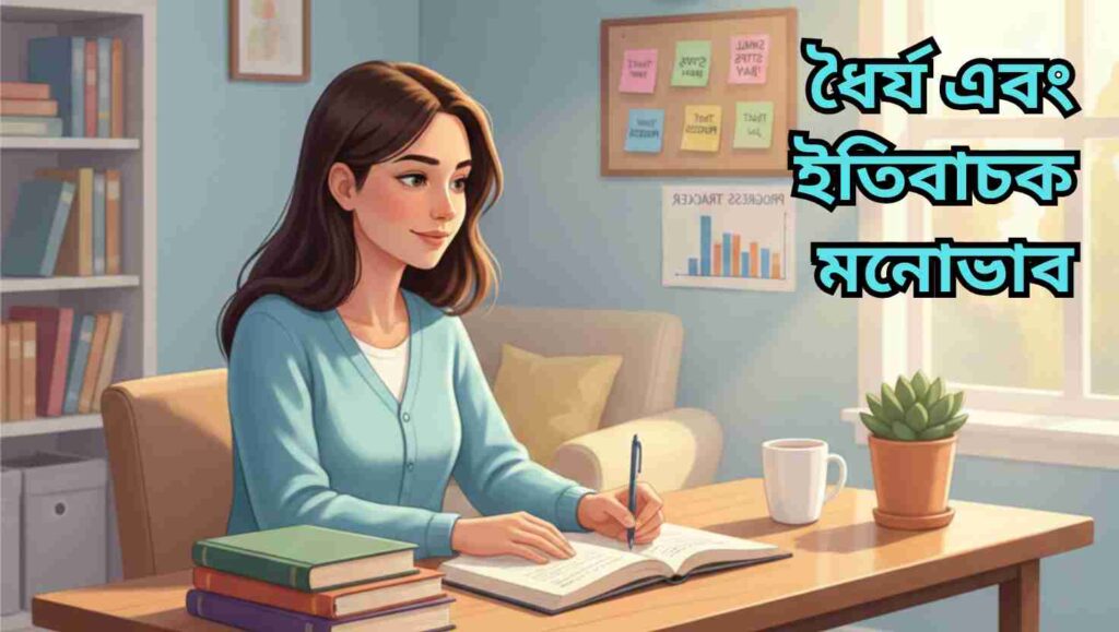 শান্ত ও মনোযোগী একজন শিক্ষার্থী পরিপাটি টেবিলে বই ও নোটবুক নিয়ে পড়াশোনা করছে, তার মুখে ধৈর্য ও ইতিবাচক মনোভাবের ছাপ দেখা যাচ্ছে, চারপাশে আলো–ভরা শান্ত পরিবেশ যা নিয়মিত ও আনন্দময় শেখার প্রতীক।