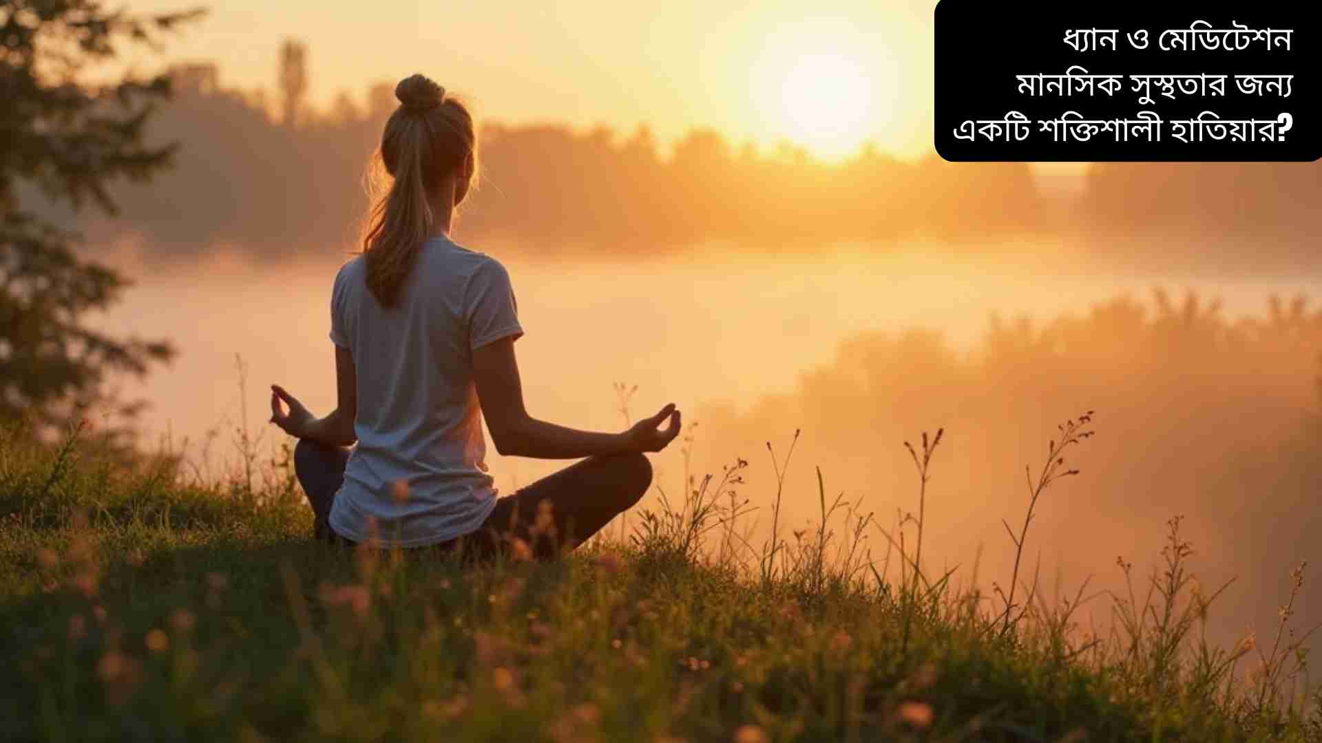 “প্রকৃতির মাঝে সূর্যোদয়ের সময় ধ্যানরত একজন ব্যক্তি, শান্ত পরিবেশে বসে আছেন, মানসিক শান্তি ও স্থিতিশীলতা উপভোগ করছেন।”