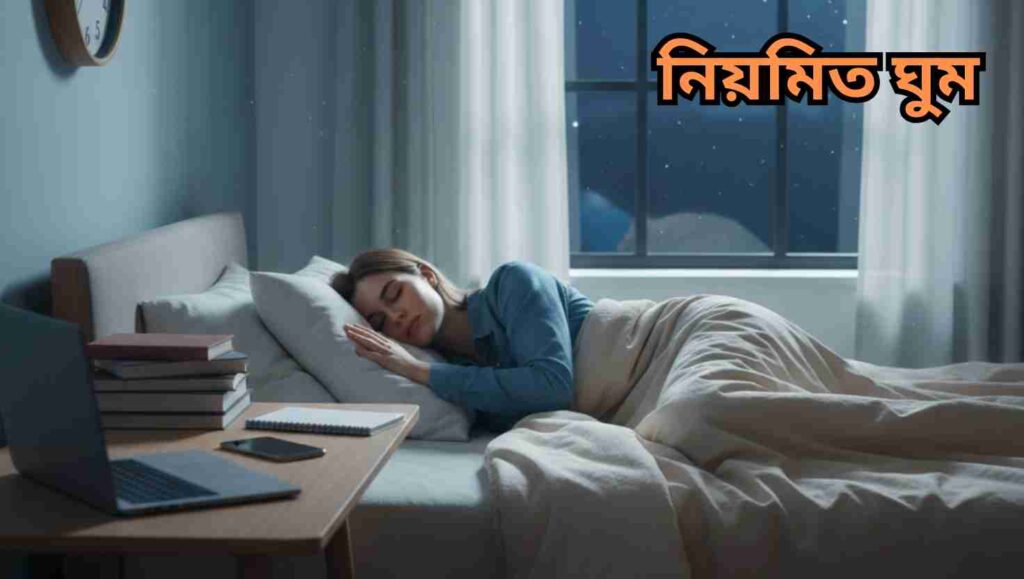 নিয়মিত ঘুমের গুরুত্ব বোঝাতে শান্ত পরিবেশে গভীর ঘুমে থাকা এক শিক্ষার্থী, পাশে সাজানো পড়ার টেবিল ও বই, জানালা দিয়ে নরম চাঁদের আলো প্রবেশ করছে।