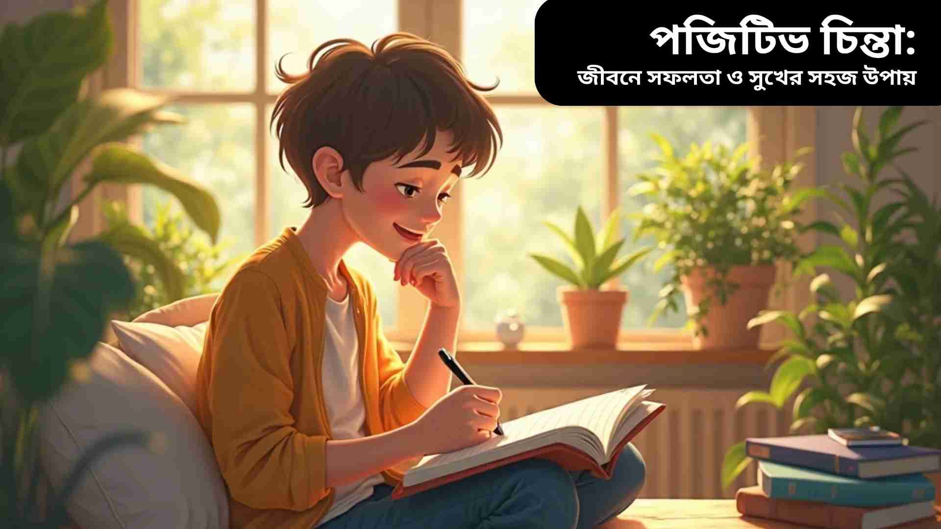 একজন আনন্দিত ও শান্ত ব্যক্তি খোলা জানালার পাশে বসে ডায়েরিতে পজিটিভ চিন্তা লিখছে, চারপাশে বই ও গাছপালা, মননশীল ও ইতিবাচক পরিবেশ।