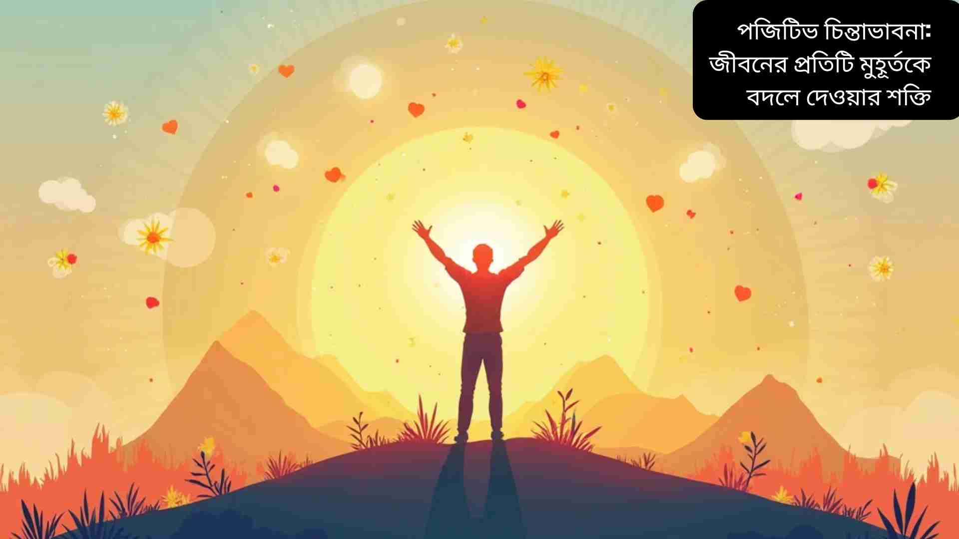 একজন ব্যক্তি পাহাড়ের চূড়ায় দাঁড়িয়ে সূর্যোদয়ের দিকে হাত উঁচিয়ে তুলেছে, চারপাশে উজ্জ্বল ও অনুপ্রেরণামূলক রঙের আলো এবং ছোট আইকন যেমন আলো, হৃদয় এবং ভাসমান আকার যা পজিটিভ চিন্তাভাবনা, শক্তি ও পরিবর্তনের প্রতীক।