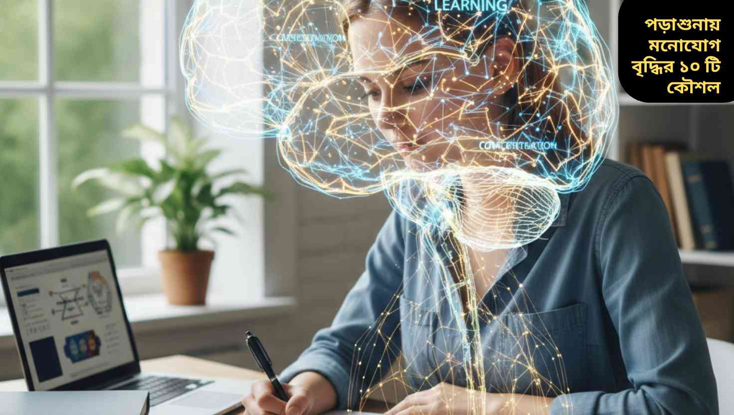 মানব মস্তিষ্কের গঠন এবং কার্যকারিতা নিয়ে মনোযোগীভাবে পড়াশোনা করছে একটি শিক্ষার্থী, শান্ত এবং সুশৃঙ্খল পরিবেশে।