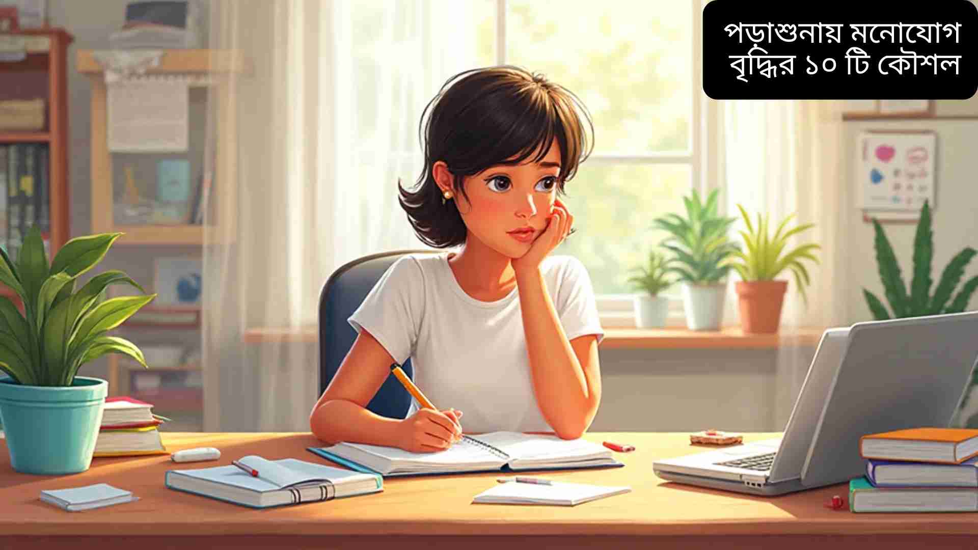 "একজন শিক্ষার্থী শান্ত ও সুশৃঙ্খল পরিবেশে পড়াশুনা করছে, তার ডেস্কে বই, নোটবুক ও ল্যাপটপ রয়েছে, মনোযোগ এবং একাগ্রতা ধরে রাখা দৃশ্য।"