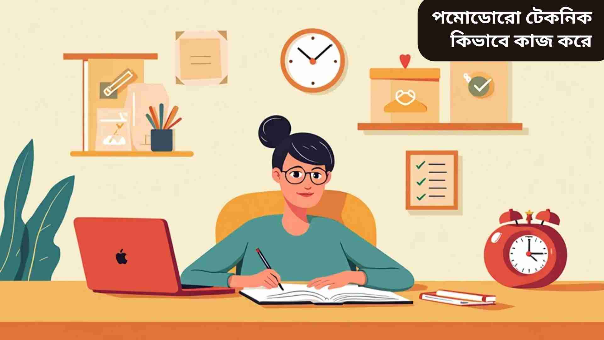 পমোডোরো টেকনিক ব্যবহার করে মনোযোগ ধরে রাখার এবং উৎপাদনশীলতা বাড়ানোর জন্য কাজের সময় ব্লক এবং টাইমার সহ একটি ডেস্কের ছবি