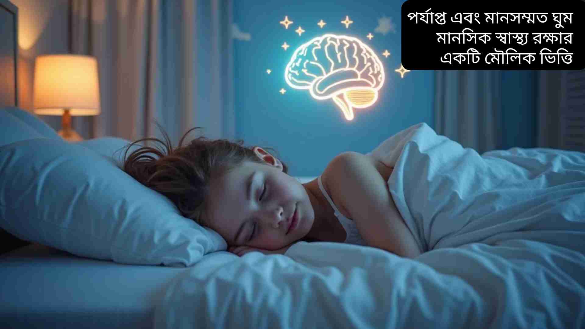 "একজন ব্যক্তি আরামদায়ক বিছানায় শান্তভাবে ঘুমাচ্ছেন, চারপাশে নরম আলো এবং শান্ত পরিবেশ। পেছনে উজ্জ্বল মস্তিষ্কের চিত্র যা ঘুমের সময় মানসিক স্বাস্থ্য এবং আবেগ নিয়ন্ত্রণের গুরুত্ব নির্দেশ করছে।"