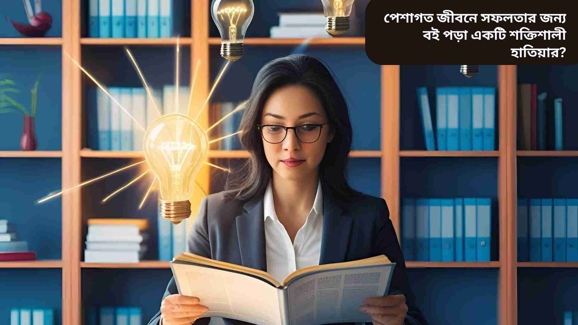 "একজন পেশাজীবী আধুনিক অফিসে বই পড়ছে, চারপাশে রঙিন বইয়ের তাক, জ্ঞান ও সৃজনশীলতার প্রতীক, সফলতার ধারণা তুলে ধরে।"