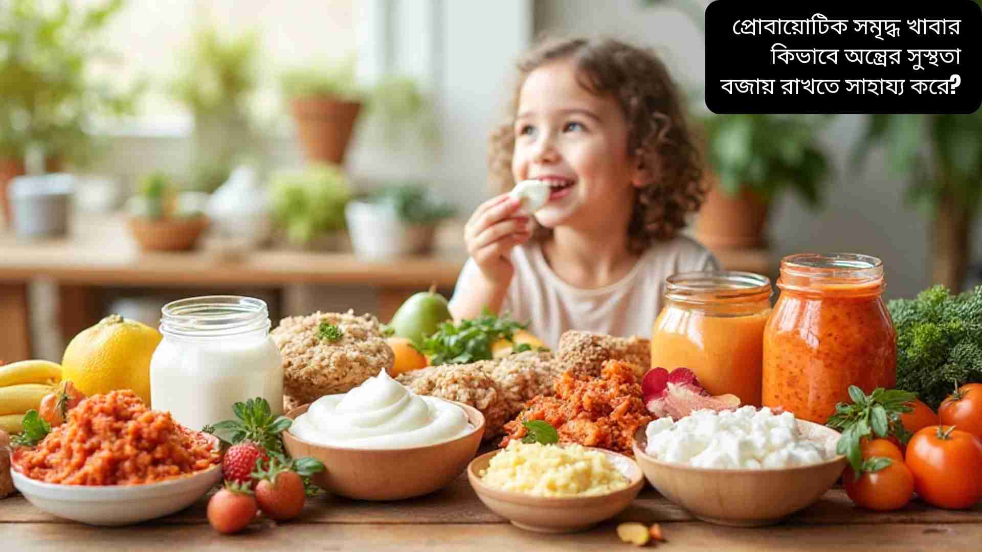 "দই, কেফির, খিমচি, মিসো ও টেম্পে সহ বিভিন্ন প্রোবায়োটিক সমৃদ্ধ খাবারের একটি রঙিন চিত্র, যা অন্ত্রের সুস্থতা ও স্বাস্থ্য নির্দেশ করছে।"