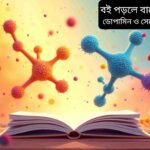 একটি খোলা বই, যার পৃষ্ঠাগুলো থেকে আলো বের হচ্ছে, আনন্দিত শিশু ও প্রাপ্তবয়স্করা বই পড়ছে, ডোপামিন ও সেরোটোনিন হরমোনের অণু চিহ্ন উজ্জ্বলভাবে ভেসে আছে, সুখী ও মানসিক সুস্থতার পরিবেশ।