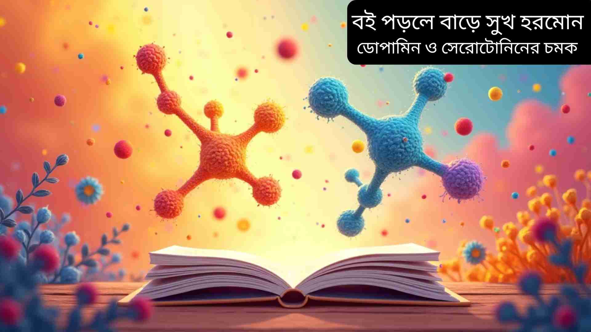 একটি খোলা বই, যার পৃষ্ঠাগুলো থেকে আলো বের হচ্ছে, আনন্দিত শিশু ও প্রাপ্তবয়স্করা বই পড়ছে, ডোপামিন ও সেরোটোনিন হরমোনের অণু চিহ্ন উজ্জ্বলভাবে ভেসে আছে, সুখী ও মানসিক সুস্থতার পরিবেশ।