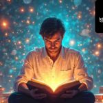 একটি শিশু বই পড়ছে এবং তার চারপাশে রঙিন আলো ও উজ্জ্বল ভাবনার প্রতীক, যা নির্দেশ করছে বই পড়া কিভাবে আত্মবিশ্বাস এবং ইতিবাচক মনোভাব গড়ে তোলে।