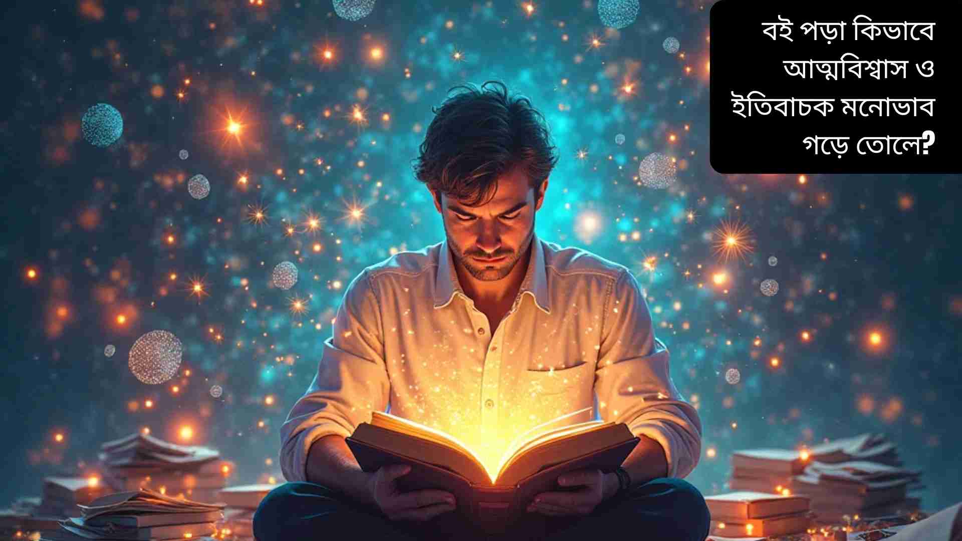 একটি শিশু বই পড়ছে এবং তার চারপাশে রঙিন আলো ও উজ্জ্বল ভাবনার প্রতীক, যা নির্দেশ করছে বই পড়া কিভাবে আত্মবিশ্বাস এবং ইতিবাচক মনোভাব গড়ে তোলে।
