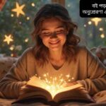 একটি উজ্জ্বল এবং আরামদায়ক পড়ার কোণে একজন ব্যক্তি বই পড়ছে, তার মুখে আনন্দ ও উদ্দীপনার প্রকাশ, চারপাশে উড়ন্ত কল্পনার প্রতীক এবং অনুপ্রেরণার চিহ্ন।