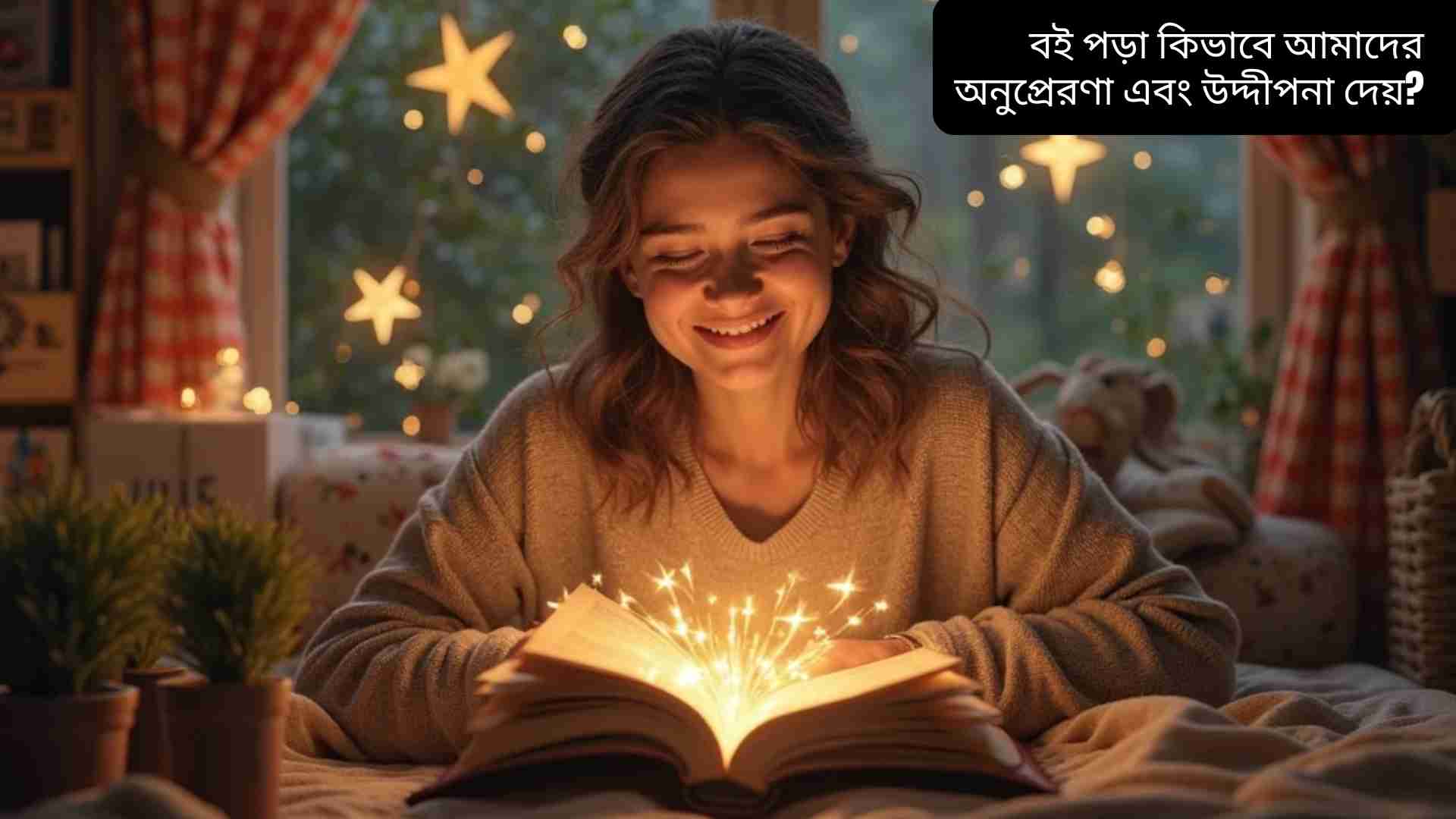 একটি উজ্জ্বল এবং আরামদায়ক পড়ার কোণে একজন ব্যক্তি বই পড়ছে, তার মুখে আনন্দ ও উদ্দীপনার প্রকাশ, চারপাশে উড়ন্ত কল্পনার প্রতীক এবং অনুপ্রেরণার চিহ্ন।