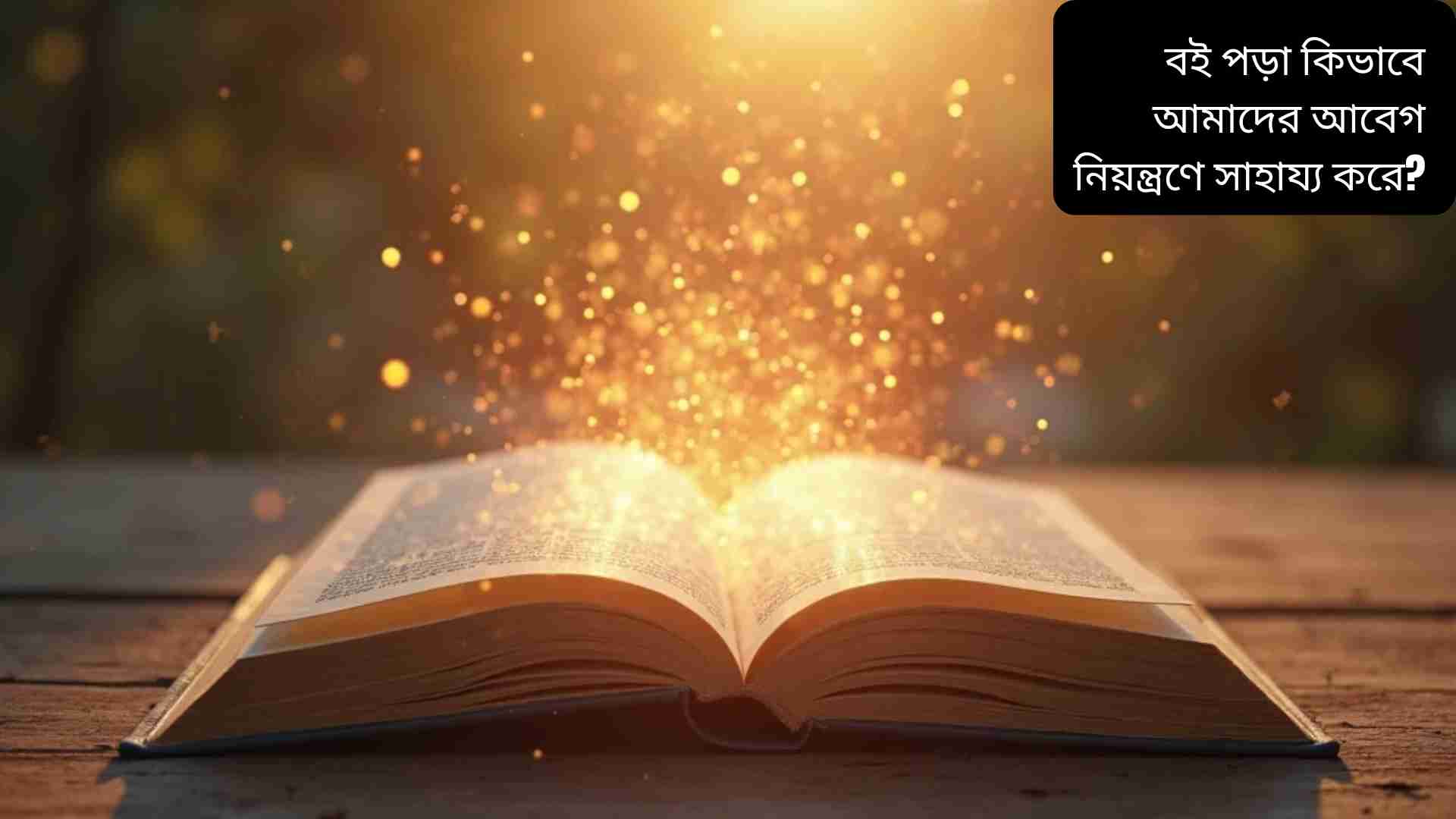 "একজন মানুষ শান্তভাবে বই পড়ছে, চারপাশে উজ্জ্বল আলো ছড়িয়ে পড়ছে যা সুখ হরমোন ডোপামিন ও সেরোটোনিনকে প্রতীকীভাবে তুলে ধরছে, মানসিক শান্তি ও আবেগ নিয়ন্ত্রণে বইয়ের ভূমিকা প্রকাশ করছে।"