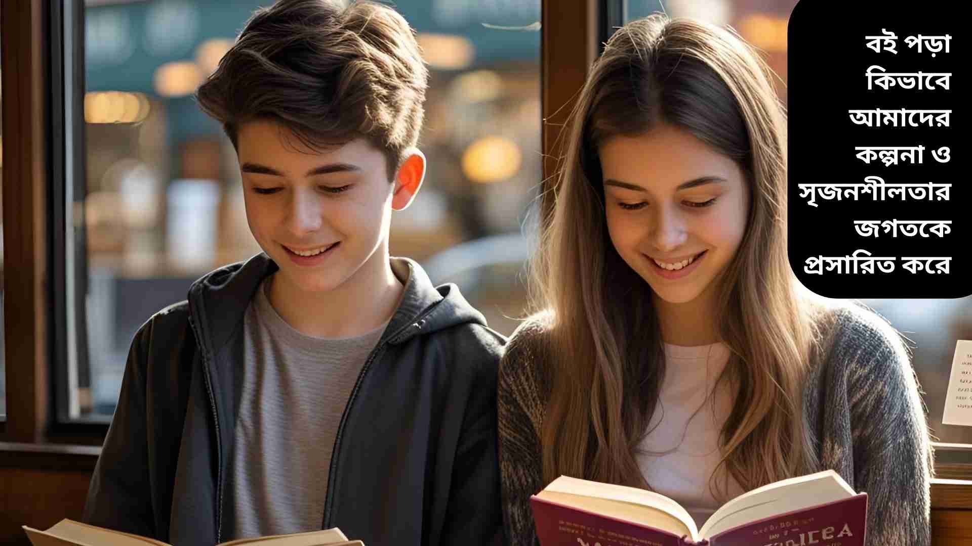 একটি শিশুর ছবি যে গাছের নিচে বসে রঙিন বই পড়ছে, বই থেকে কল্পনার জগৎ বেরিয়ে আসছে—উড়ন্ত পাখি, নক্ষত্র, গ্যালাক্সি, দুর্গ এবং সৃজনশীল আইডিয়াসহ।