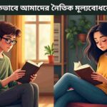 "একটি শিশু রোদ্রের কোমল আলোয় বই পড়ছে, যা সততা, দয়া ও সহমর্মিতার মতো নৈতিক মূল্যবোধকে দৃঢ় করার প্রতীক।"