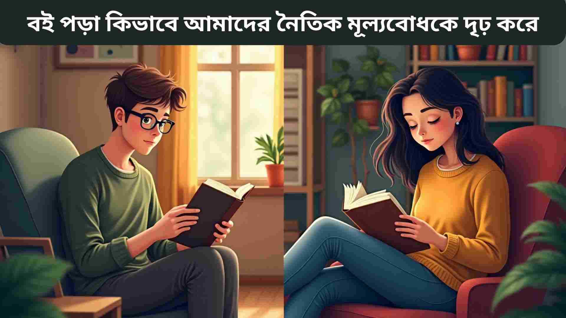 "একটি শিশু রোদ্রের কোমল আলোয় বই পড়ছে, যা সততা, দয়া ও সহমর্মিতার মতো নৈতিক মূল্যবোধকে দৃঢ় করার প্রতীক।"