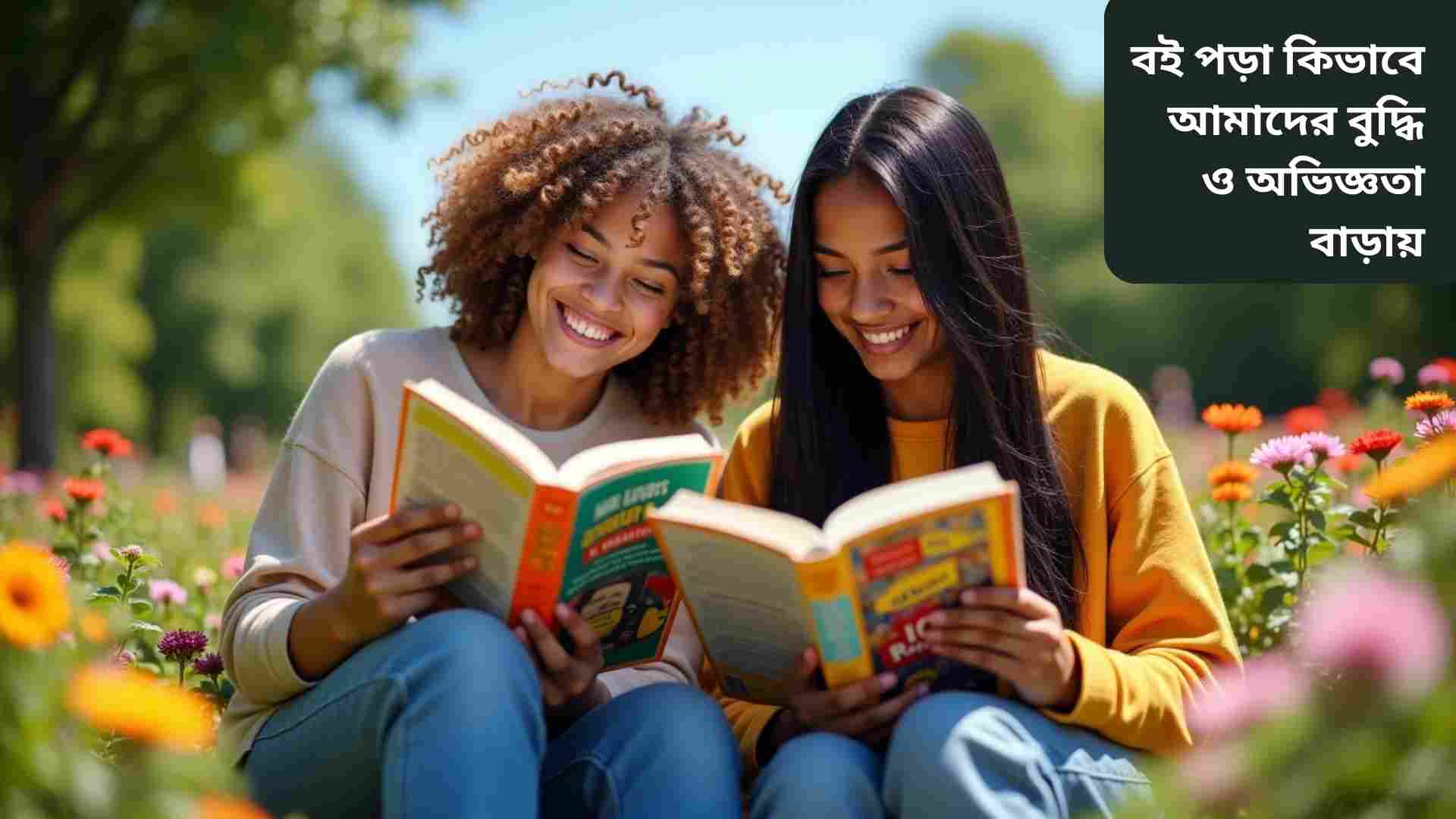 একজন শিশু বই পড়ছে, যার চারপাশে বিভিন্ন জ্ঞান ও অভিজ্ঞতার প্রতীক যেমন মহাকাশ, ইতিহাস, গল্প ও সংস্কৃতি চিত্রায়িত হয়েছে। ছবিটি বোঝায় বই পড়া কিভাবে বুদ্ধি, অভিজ্ঞতা এবং সৃজনশীলতা বাড়ায়।