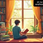 একটি শিশু উইন্ডোর পাশে বসে রঙিন বইয়ের মধ্যে আবদ্ধ, বই পড়ছে, কল্পনা ও জ্ঞান বৃদ্ধি হচ্ছে, উষ্ণ এবং আনন্দময় পরিবেশ।